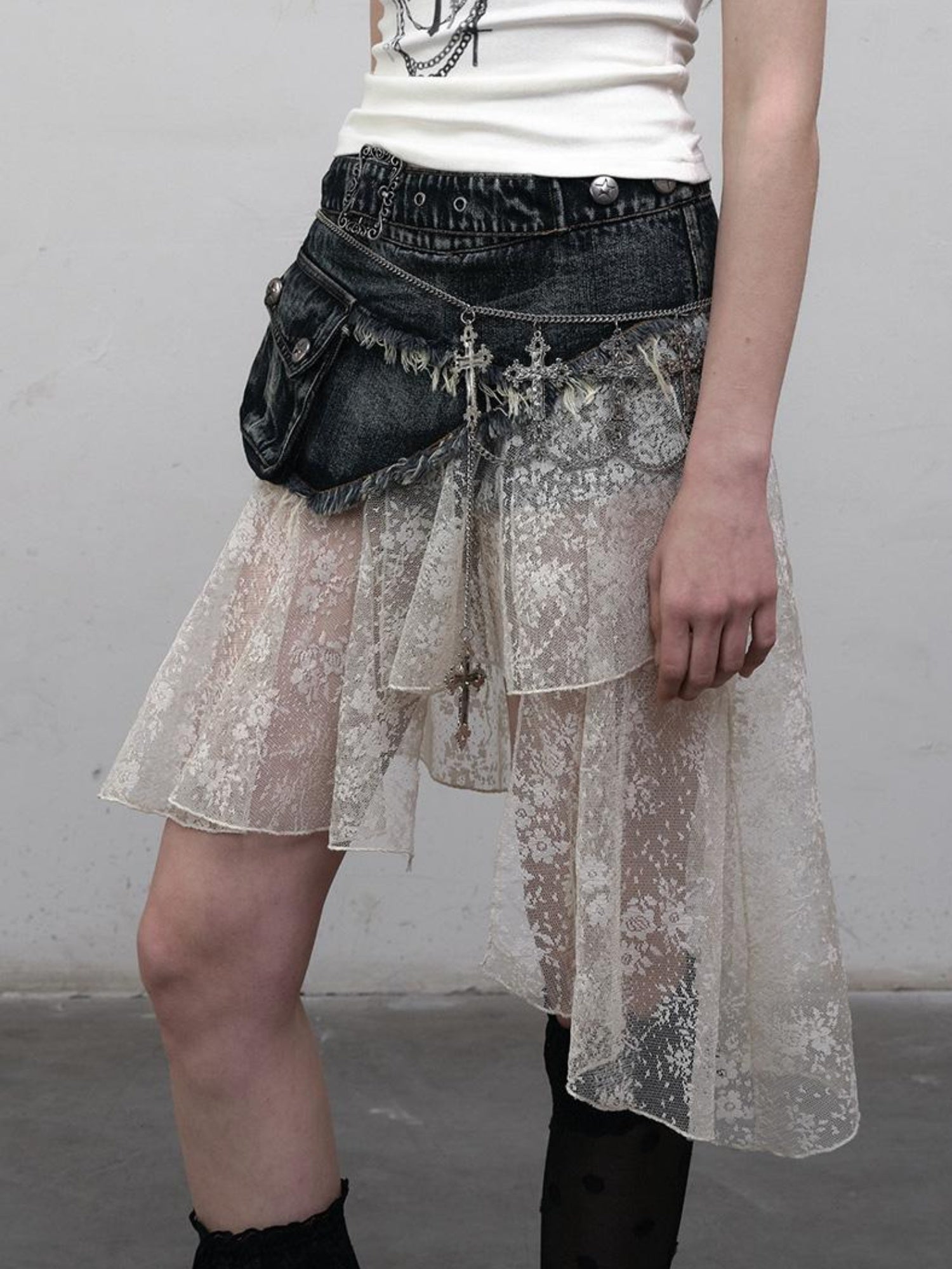NO ROMANCE Vintage Distressed Denim Skirt Pants With Lace Trim