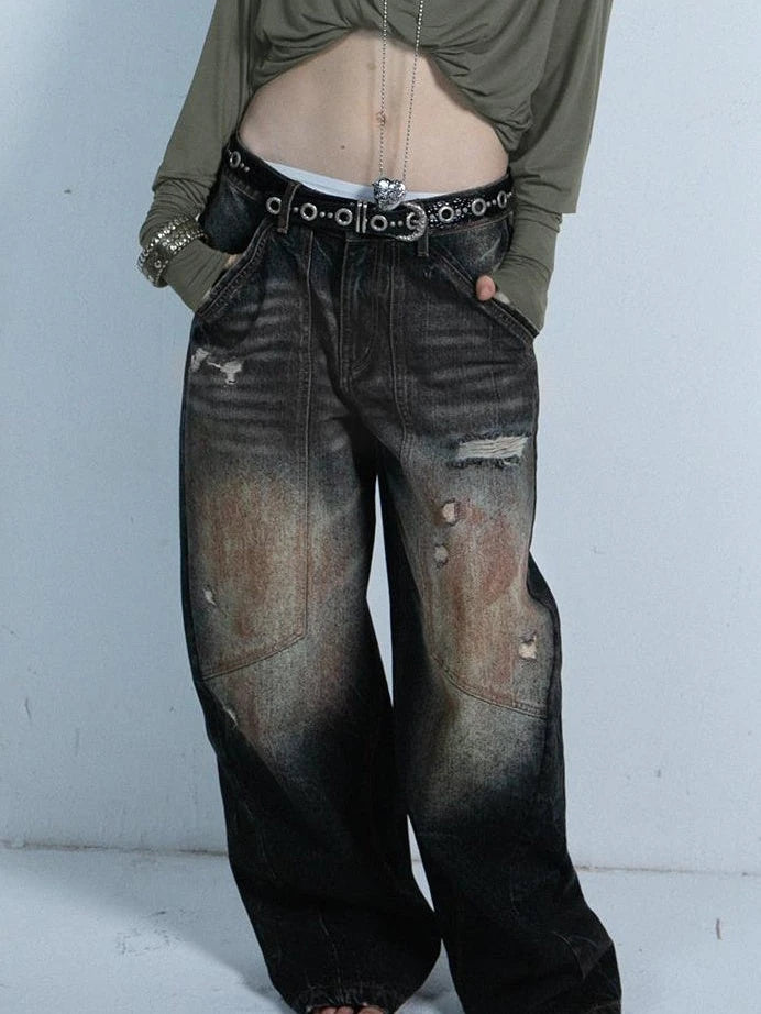 Vintage Distressed Low-Rise Loose Jeans