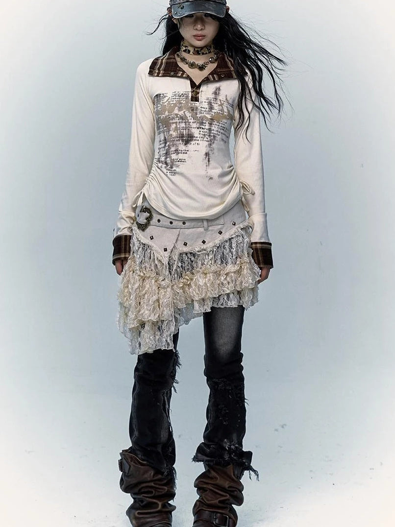 Vintage Distressed Low-Rise Patchwork Lace Mesh Skirt