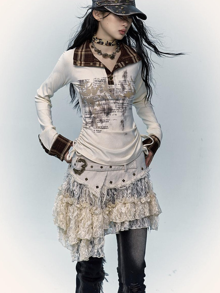 NO ROMANCE Vintage Distressed Low-Rise Patchwork Lace Mesh Skirt
