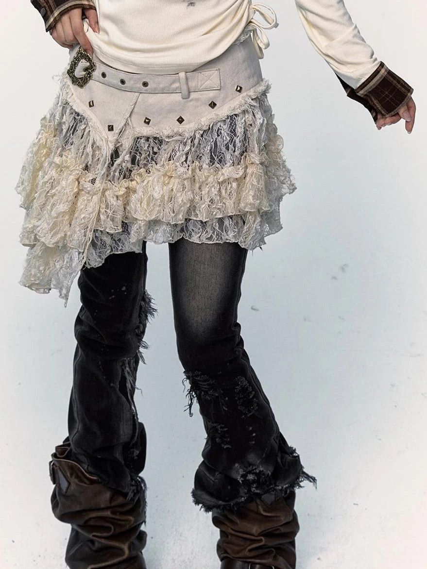 Vintage Distressed Low-Rise Patchwork Lace Mesh Skirt