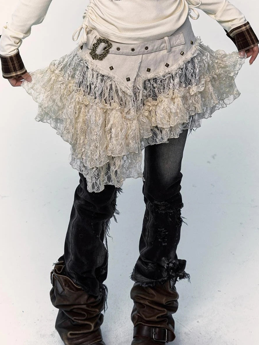 Vintage Distressed Low-Rise Patchwork Lace Mesh Skirt
