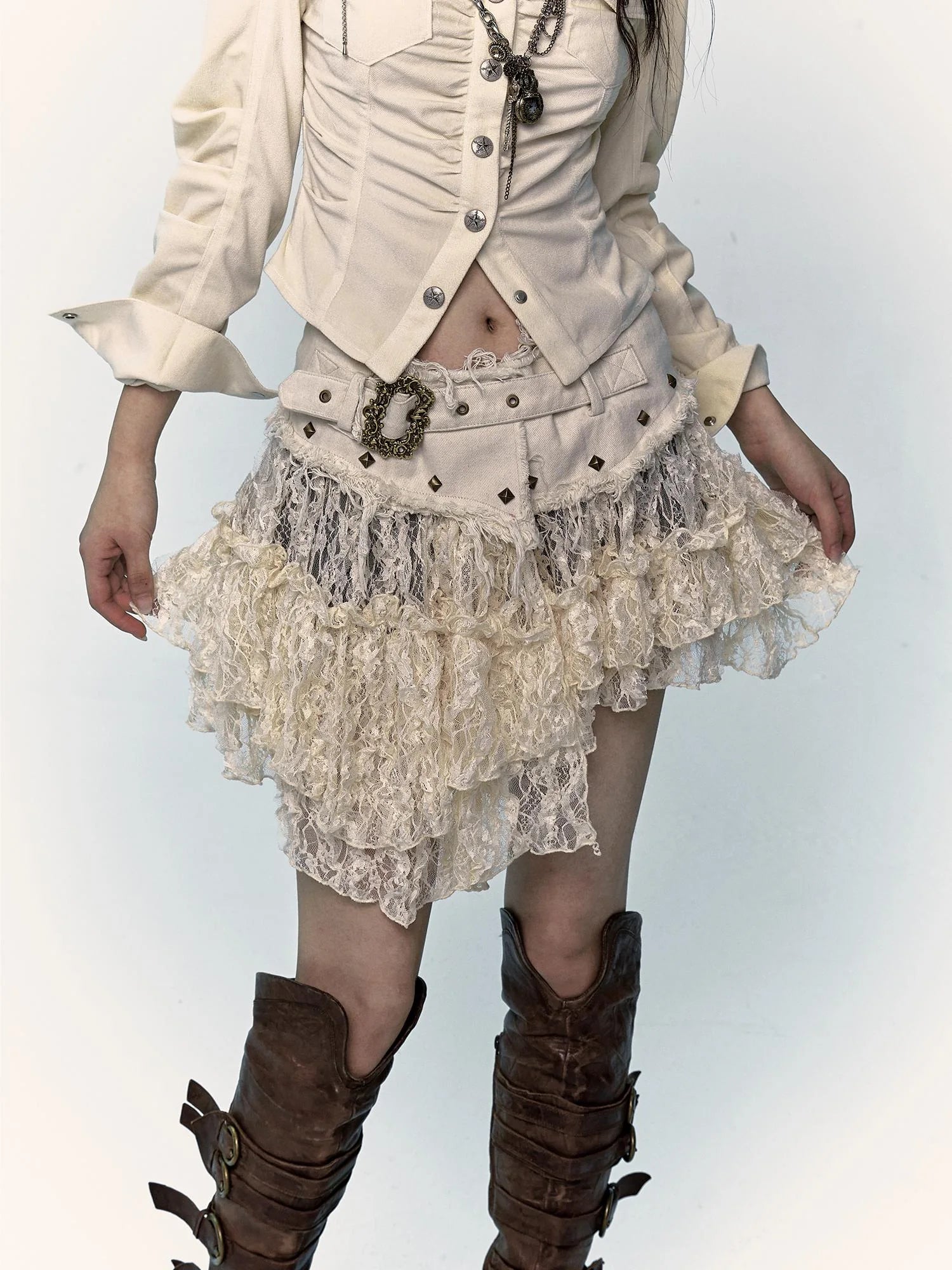 Vintage Distressed Low-Rise Patchwork Lace Mesh Skirt