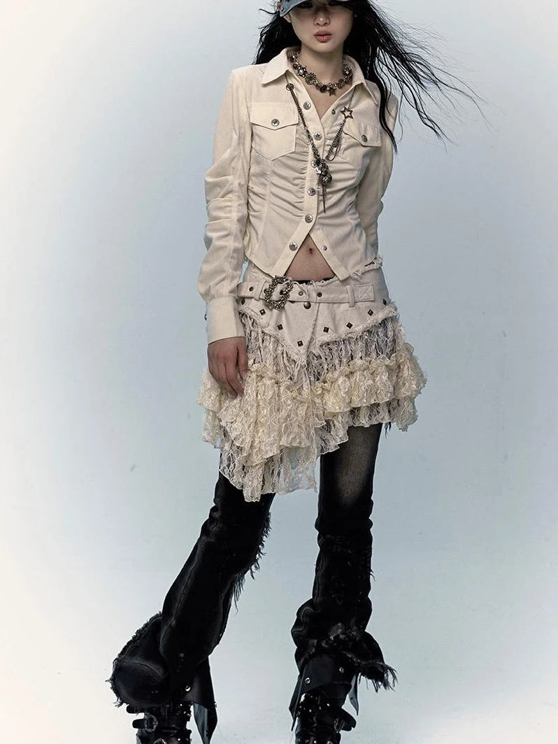 Vintage Distressed Low-Rise Patchwork Lace Mesh Skirt