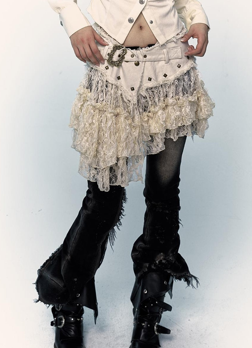 NO ROMANCE Vintage Distressed Low-Rise Patchwork Lace Mesh Skirt