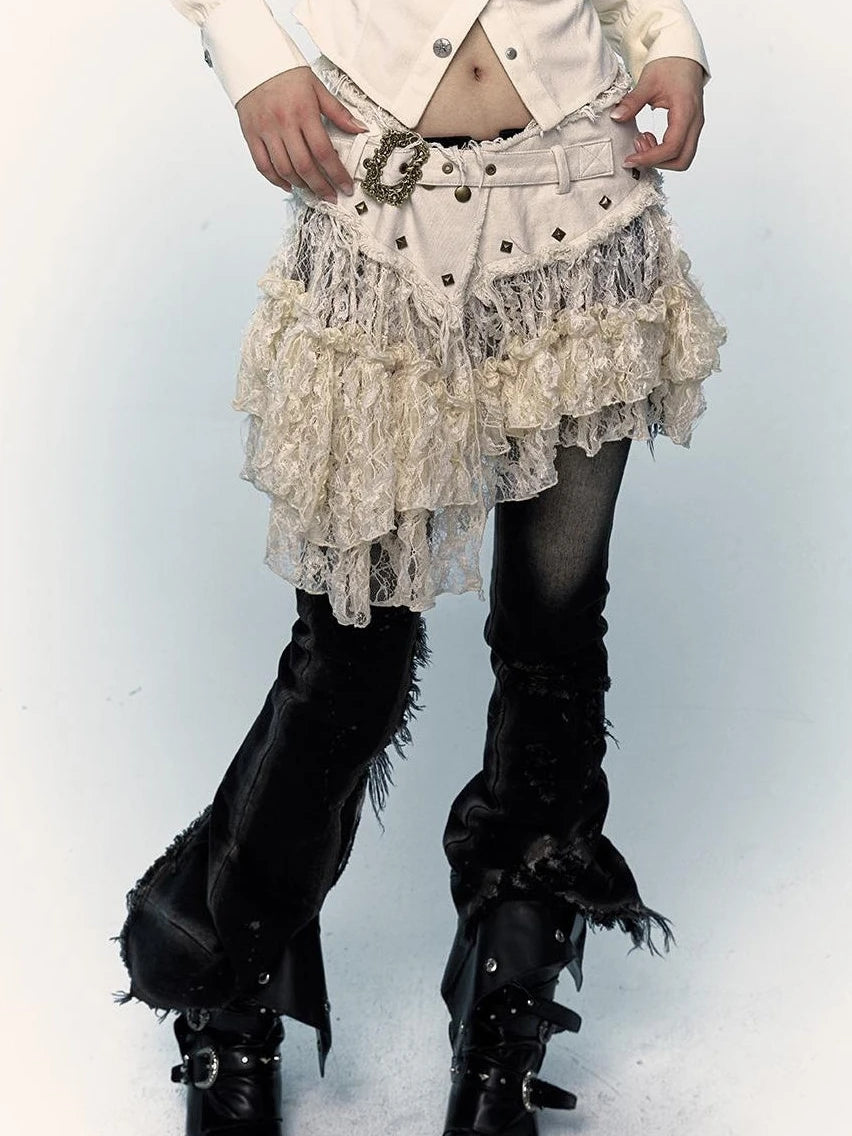 Vintage Distressed Low-Rise Patchwork Lace Mesh Skirt