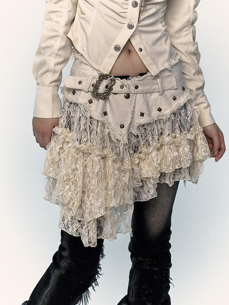 NO ROMANCE Vintage Distressed Low-Rise Patchwork Lace Mesh Skirt