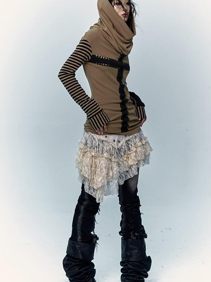 NO ROMANCE Vintage Distressed Low-Rise Patchwork Lace Mesh Skirt