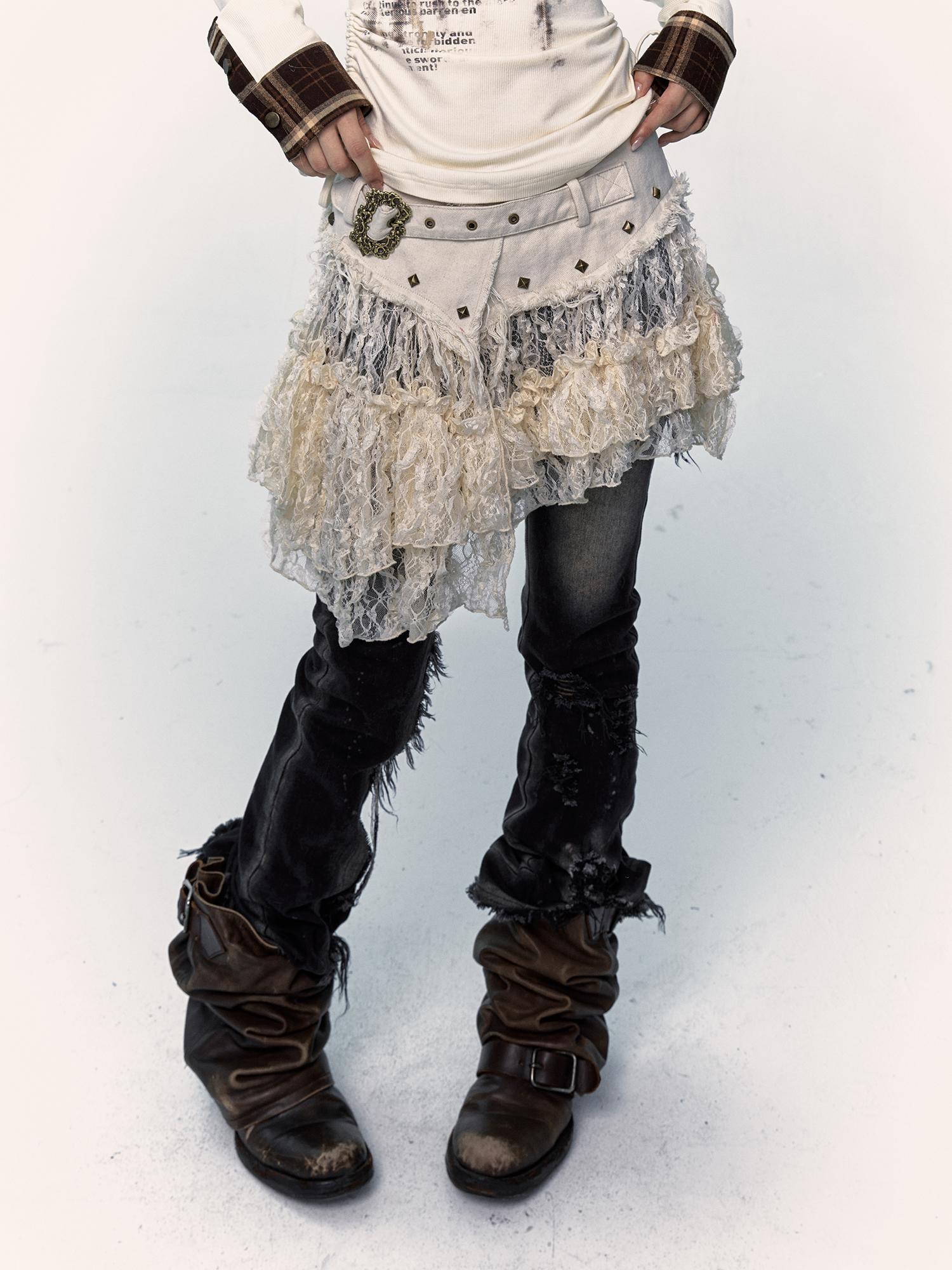 NO ROMANCE Vintage Distressed Low-Rise Patchwork Lace Mesh Skirt
