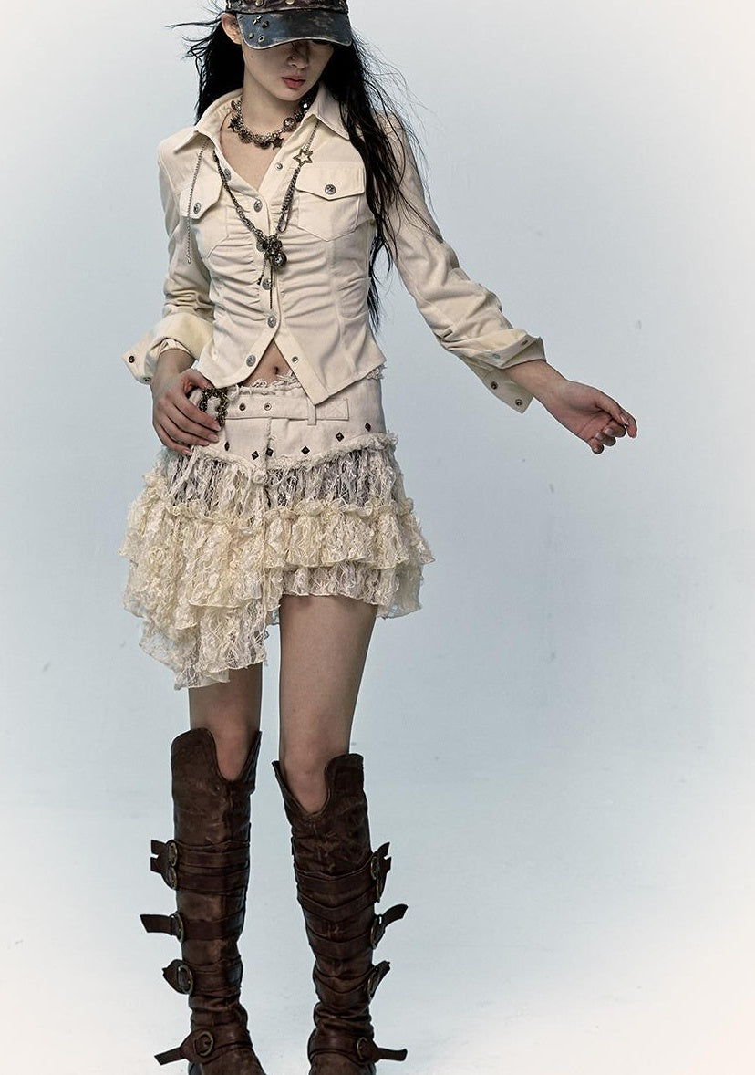 NO ROMANCE Vintage Distressed Low-Rise Patchwork Lace Mesh Skirt
