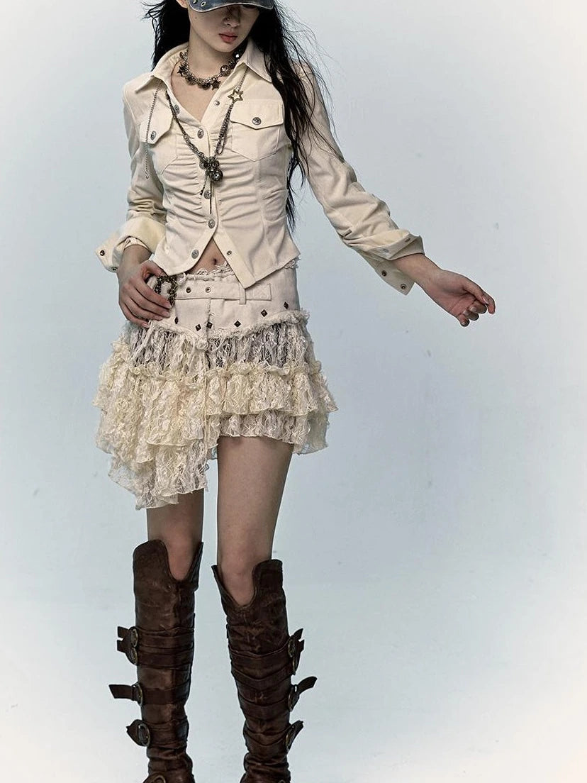 Vintage Distressed Low-Rise Patchwork Lace Mesh Skirt