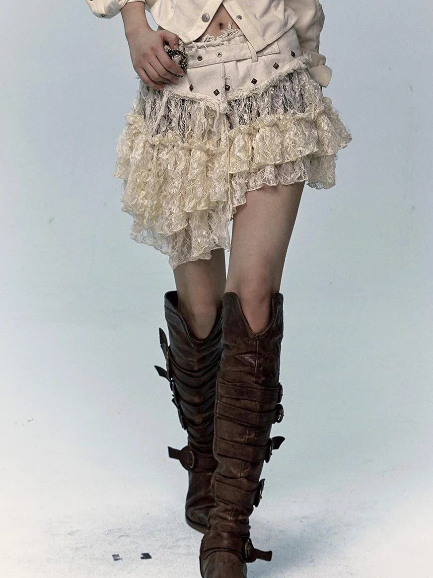 Vintage Distressed Low-Rise Patchwork Lace Mesh Skirt