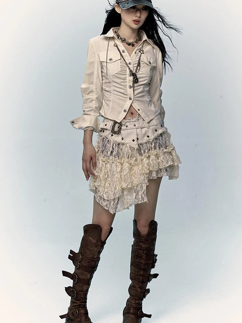Vintage Distressed Low-Rise Patchwork Lace Mesh Skirt