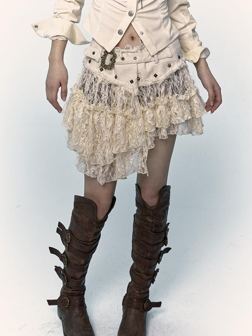NO ROMANCE Vintage Distressed Low-Rise Patchwork Lace Mesh Skirt