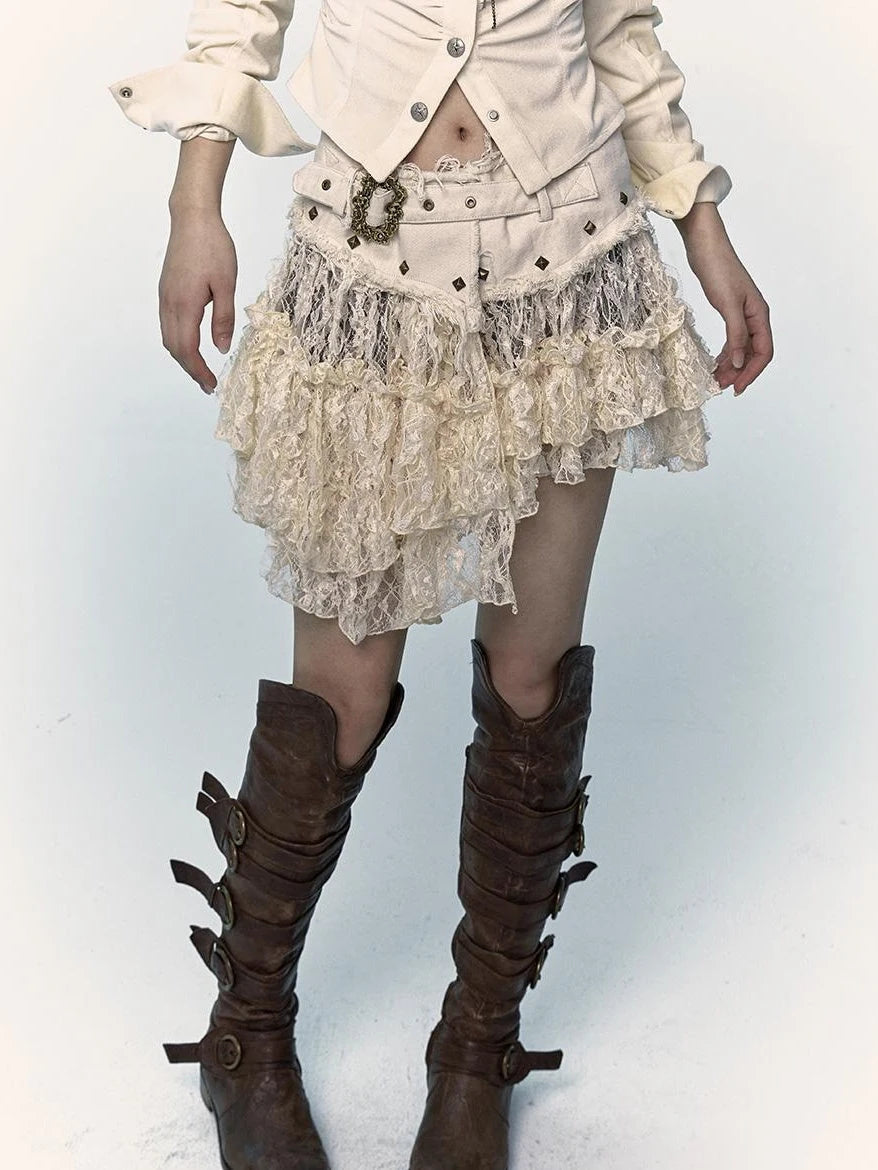 Vintage Distressed Low-Rise Patchwork Lace Mesh Skirt