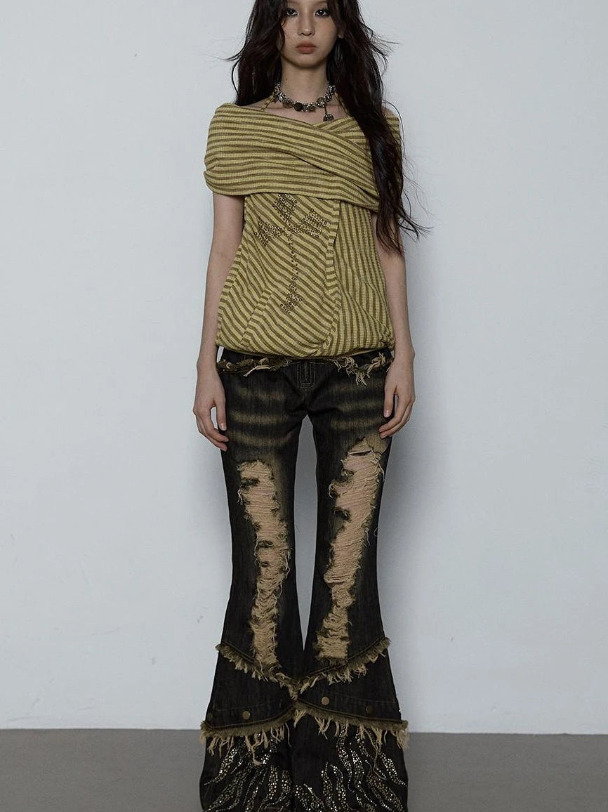 Vintage Distressed Off-Shoulder Hooded Backless Top