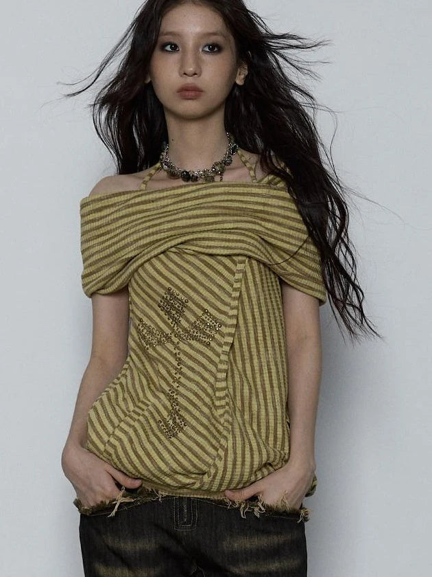 Vintage Distressed Off-Shoulder Hooded Backless Top