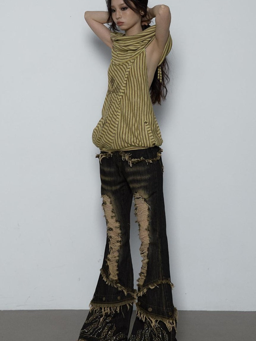 NO ROMANCE Vintage Distressed Off-Shoulder Hooded Backless Top