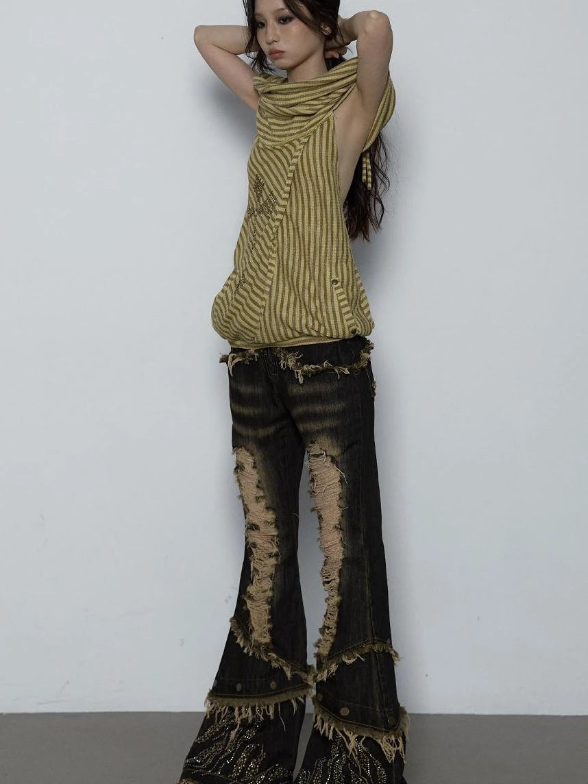 Vintage Distressed Off-Shoulder Hooded Backless Top