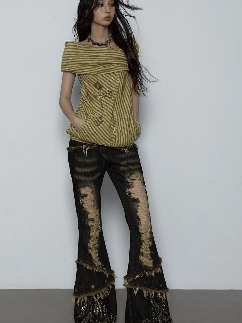 Vintage Distressed Off-Shoulder Hooded Backless Top