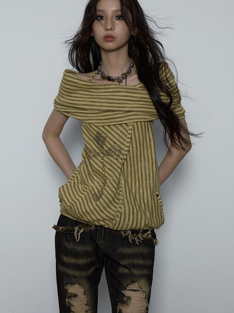 NO ROMANCE Vintage Distressed Off-Shoulder Hooded Backless Top
