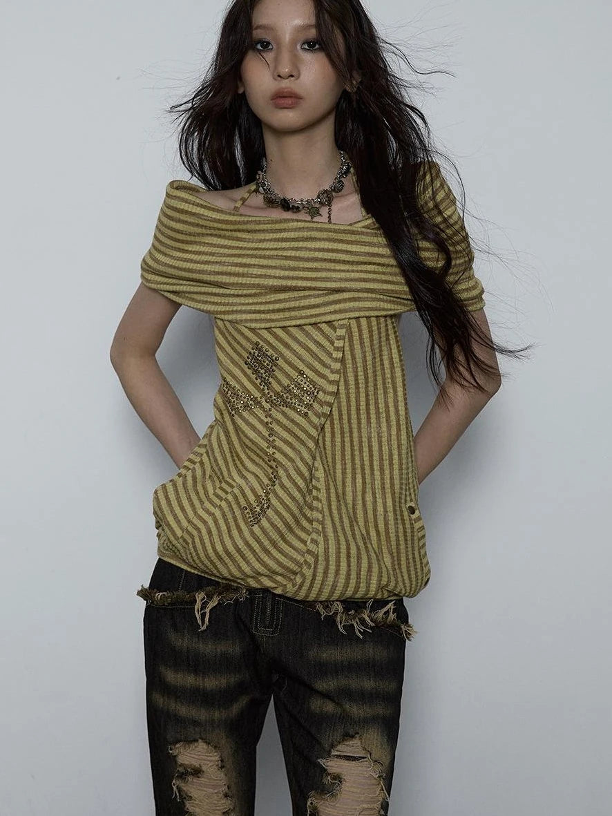 Vintage Distressed Off-Shoulder Hooded Backless Top