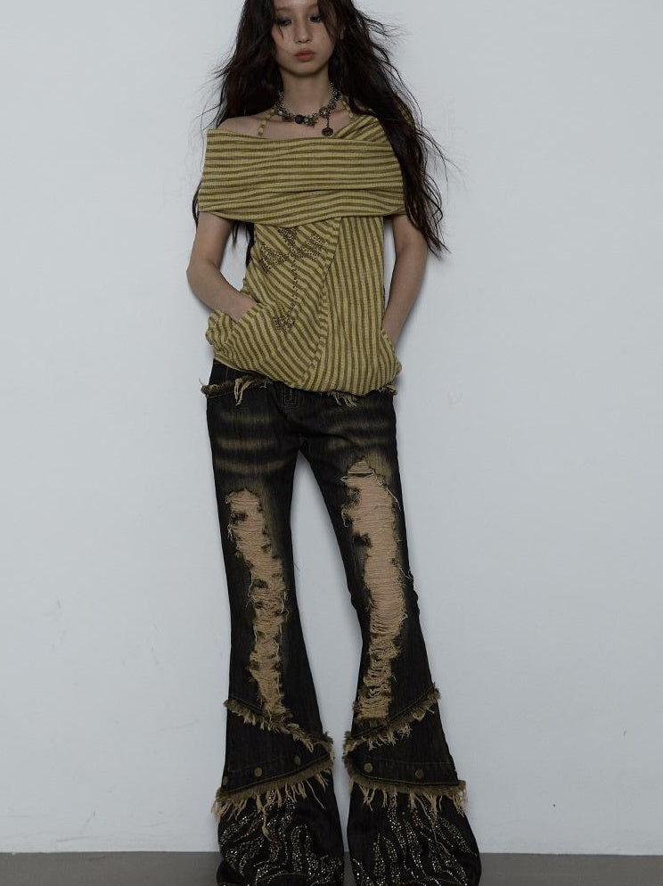 NO ROMANCE Vintage Distressed Off-Shoulder Hooded Backless Top