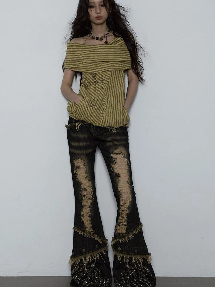 Vintage Distressed Off-Shoulder Hooded Backless Top