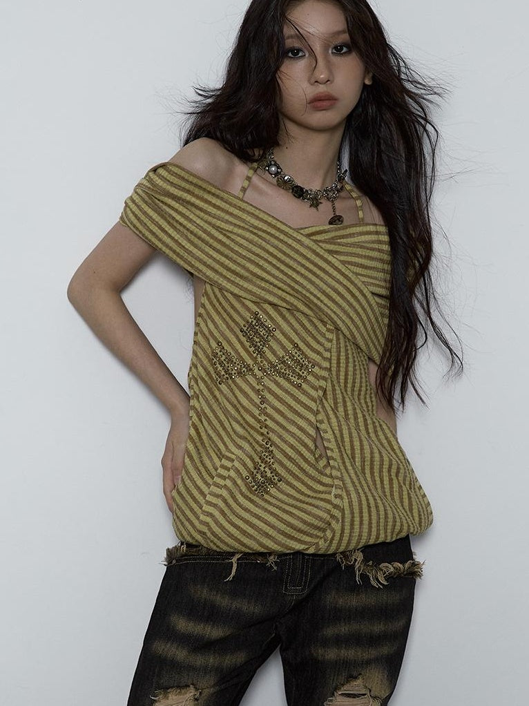 NO ROMANCE Vintage Distressed Off-Shoulder Hooded Backless Top