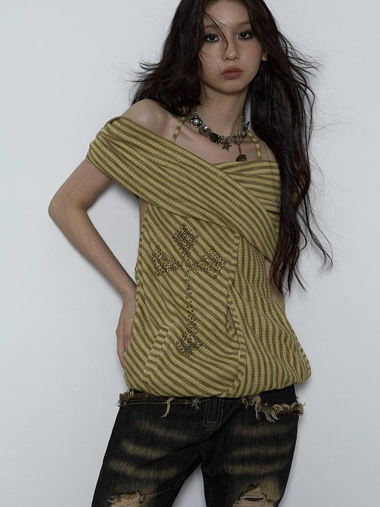 Vintage Distressed Off-Shoulder Hooded Backless Top