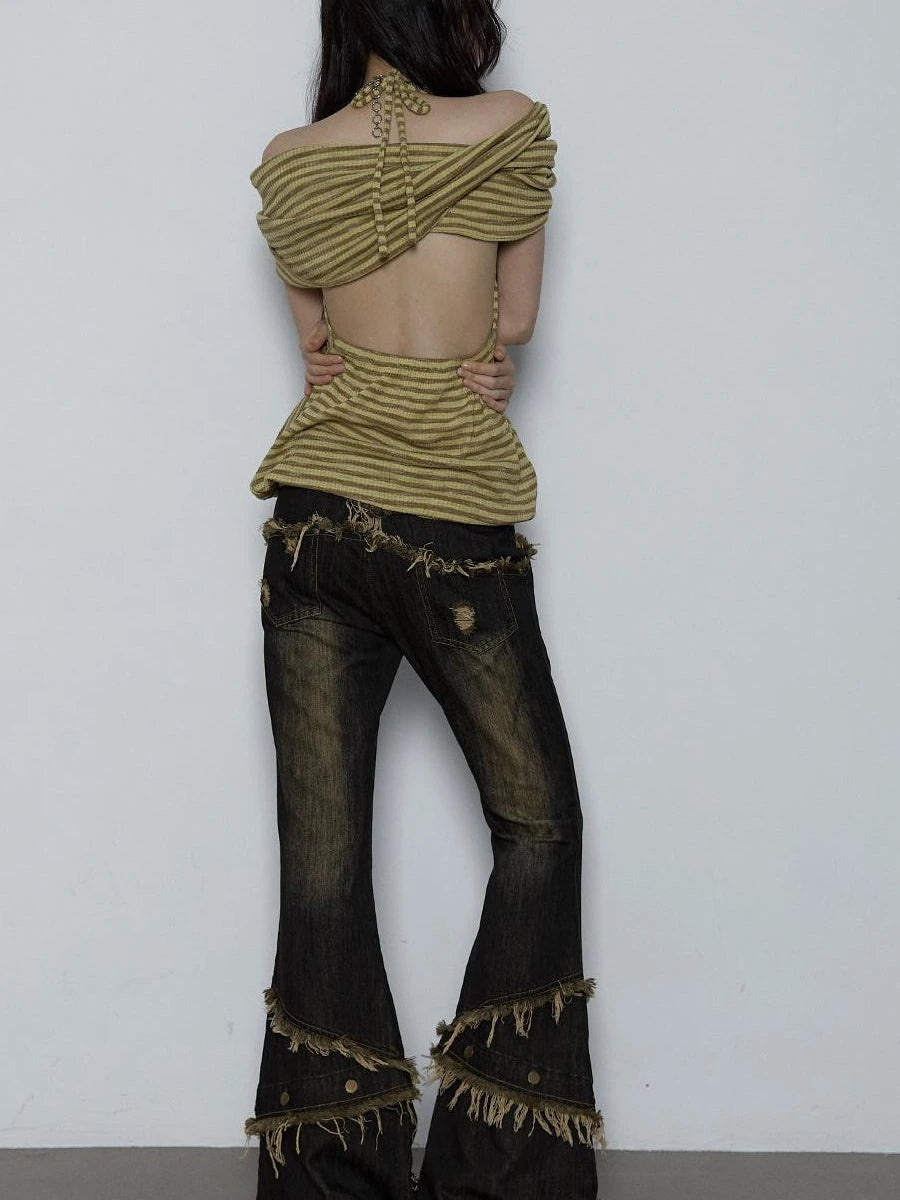 Vintage Distressed Off-Shoulder Hooded Backless Top