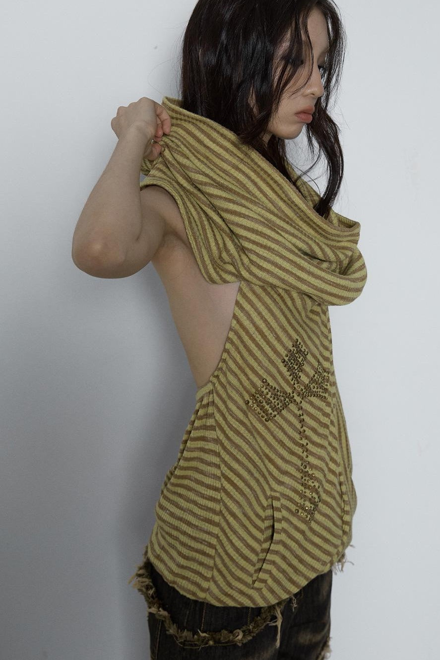 NO ROMANCE Vintage Distressed Off-Shoulder Hooded Backless Top