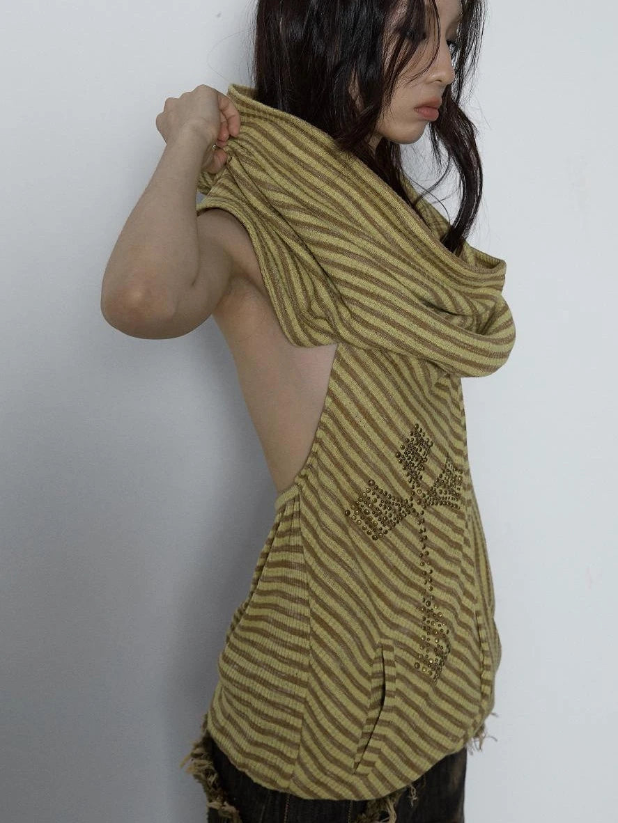 Vintage Distressed Off-Shoulder Hooded Backless Top