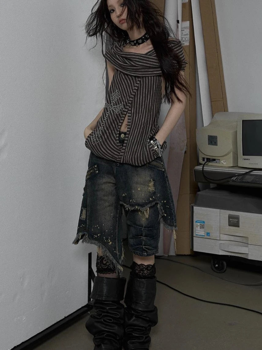 Vintage Distressed Off-Shoulder Hooded Backless Top