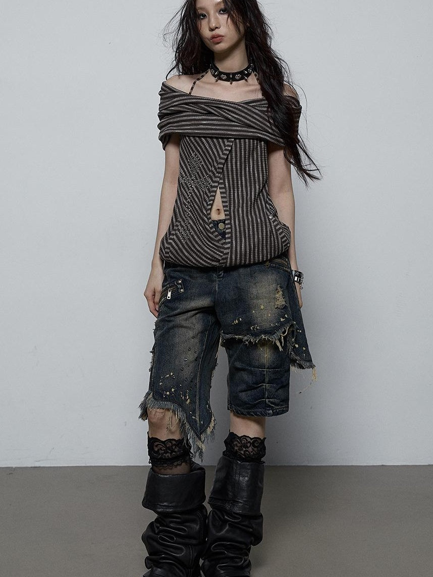 NO ROMANCE Vintage Distressed Off-Shoulder Hooded Backless Top