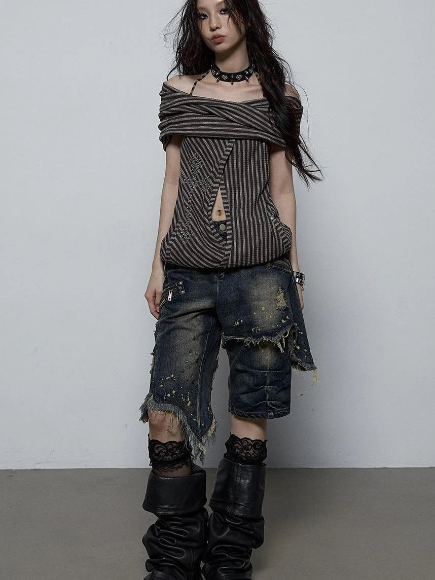 Vintage Distressed Off-Shoulder Hooded Backless Top
