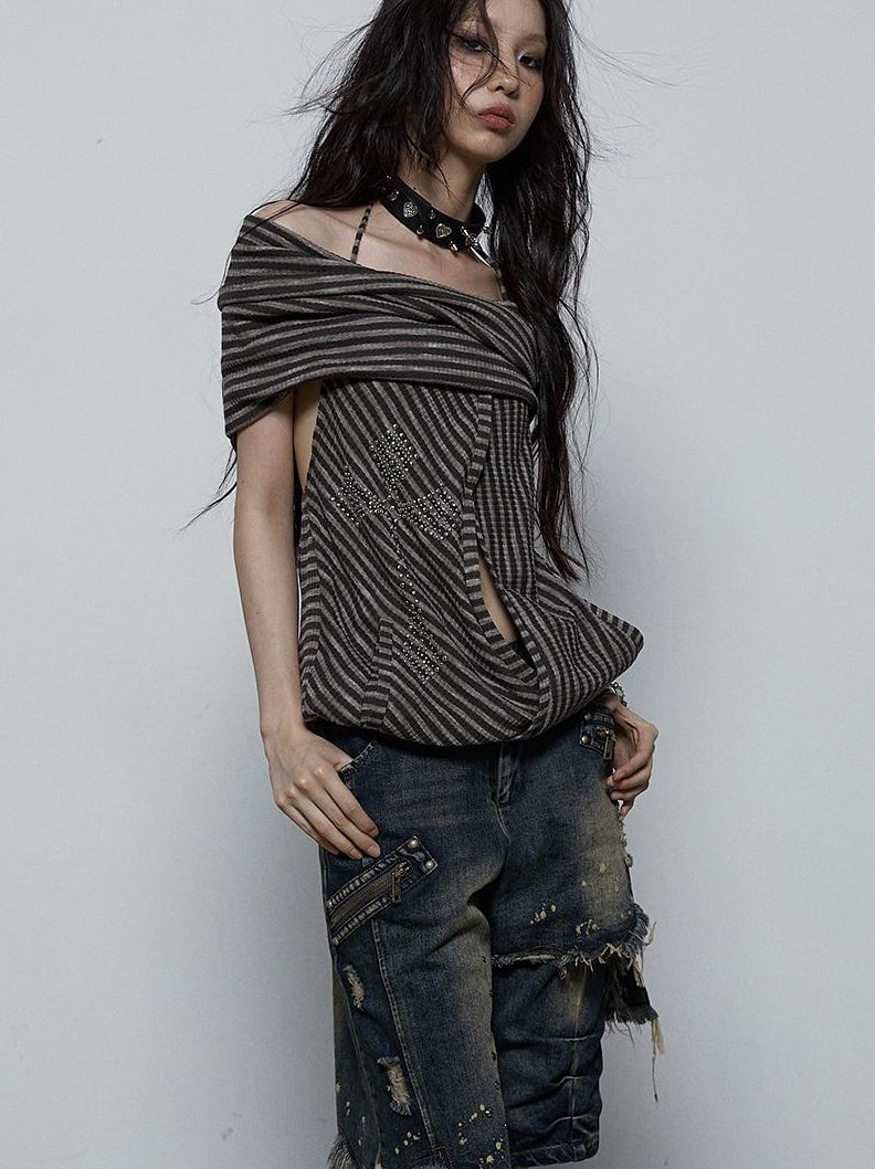 NO ROMANCE Vintage Distressed Off-Shoulder Hooded Backless Top