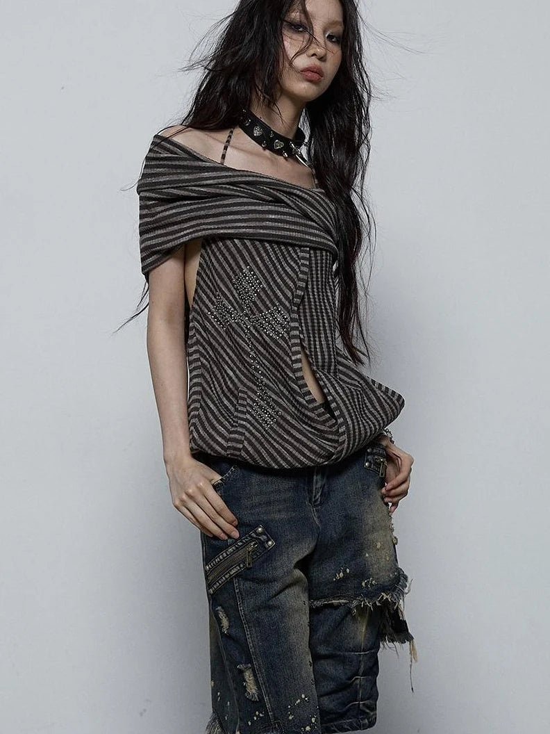 Vintage Distressed Off-Shoulder Hooded Backless Top