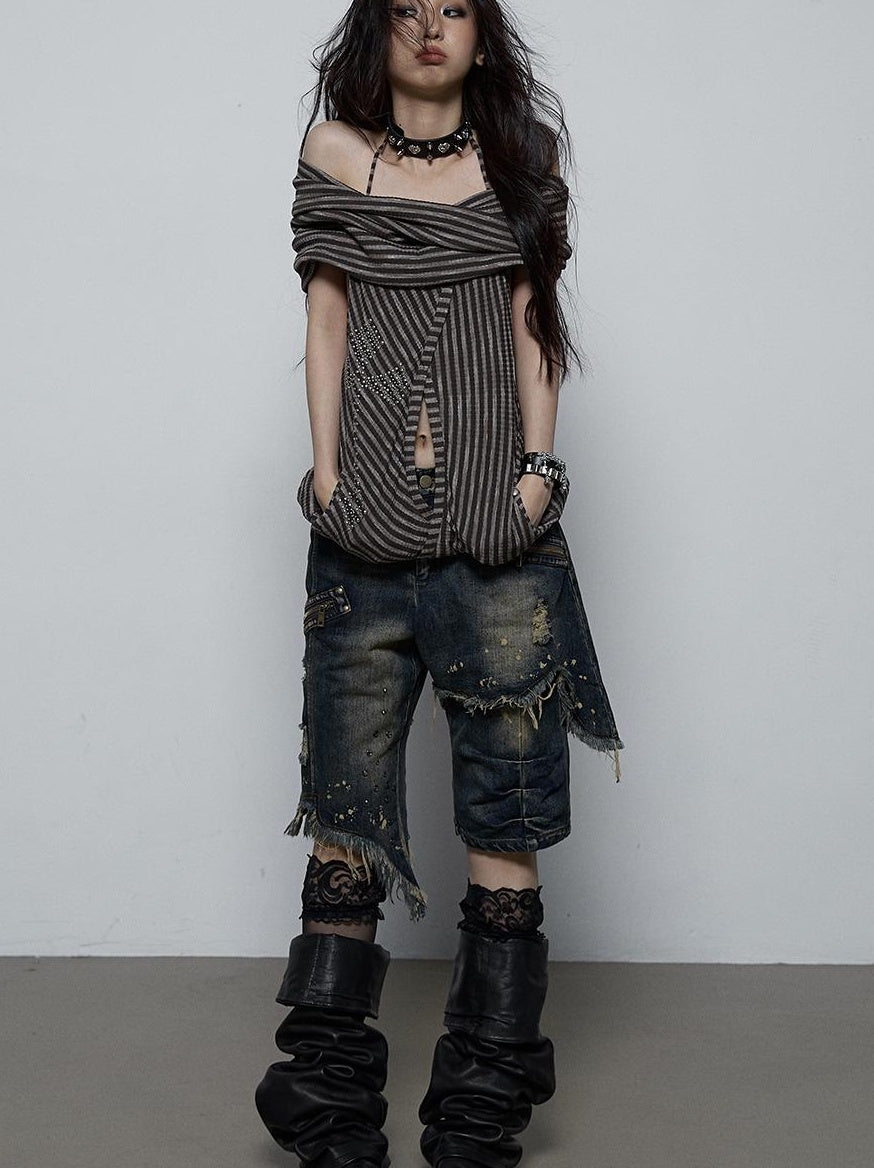 NO ROMANCE Vintage Distressed Off-Shoulder Hooded Backless Top