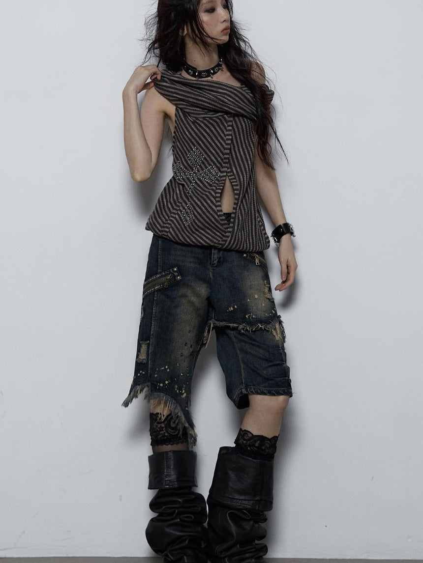 NO ROMANCE Vintage Distressed Off-Shoulder Hooded Backless Top