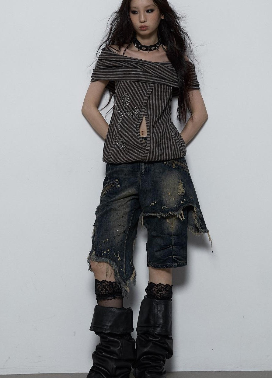 NO ROMANCE Vintage Distressed Off-Shoulder Hooded Backless Top