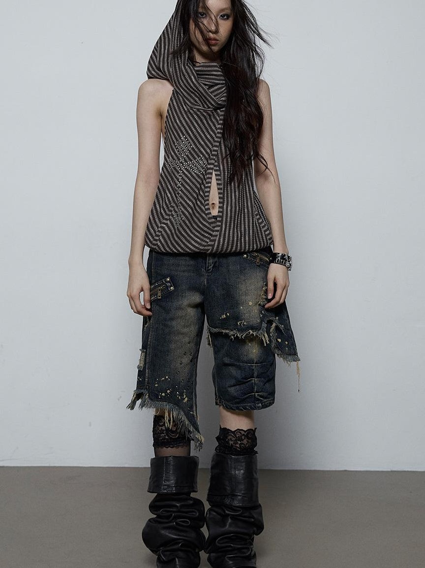 NO ROMANCE Vintage Distressed Off-Shoulder Hooded Backless Top