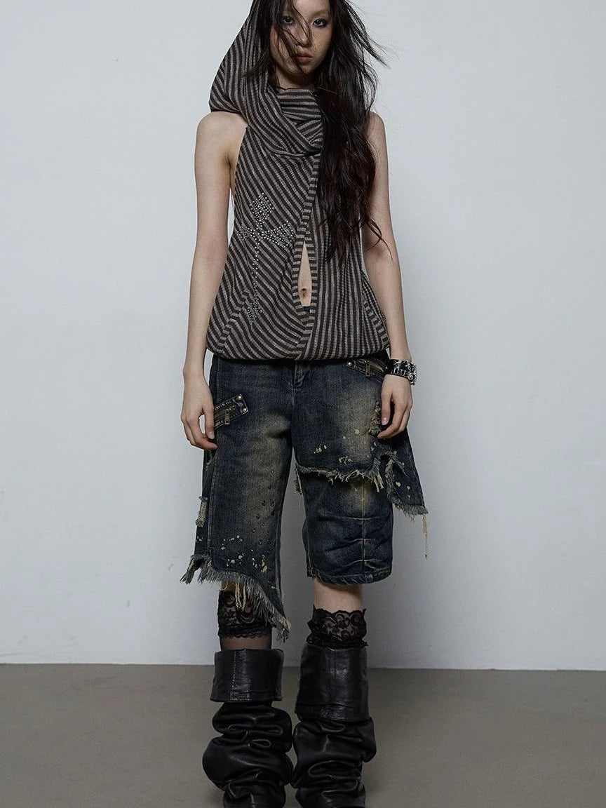 Vintage Distressed Off-Shoulder Hooded Backless Top