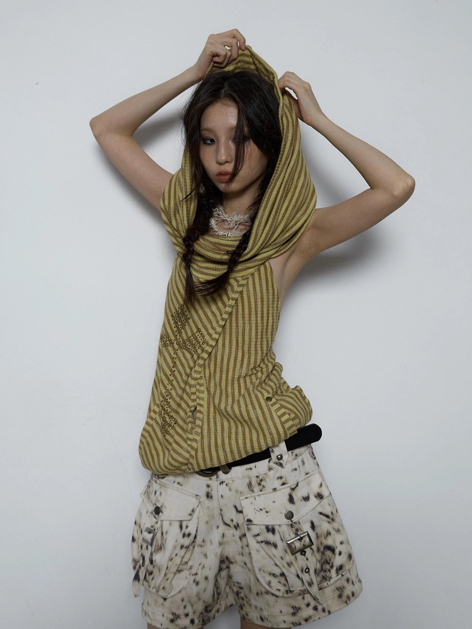 Vintage Distressed Off-Shoulder Hooded Backless Top