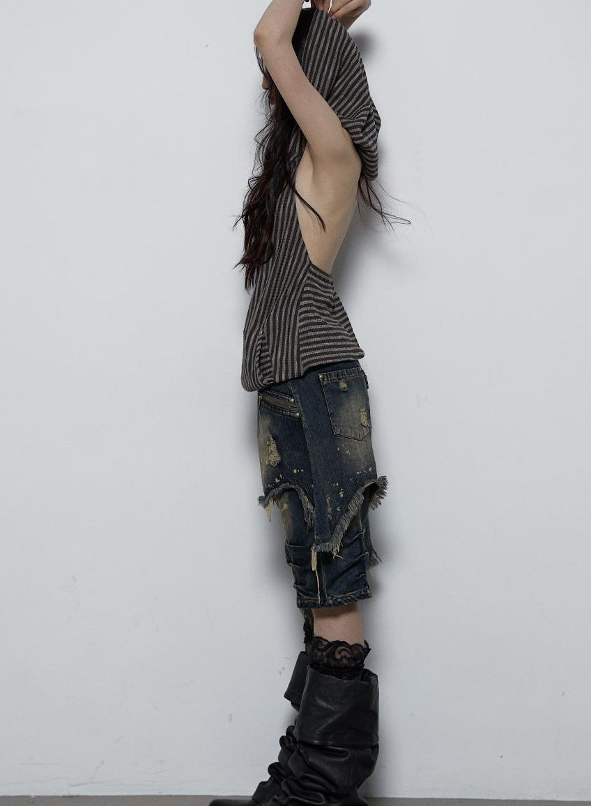 NO ROMANCE Vintage Distressed Off-Shoulder Hooded Backless Top