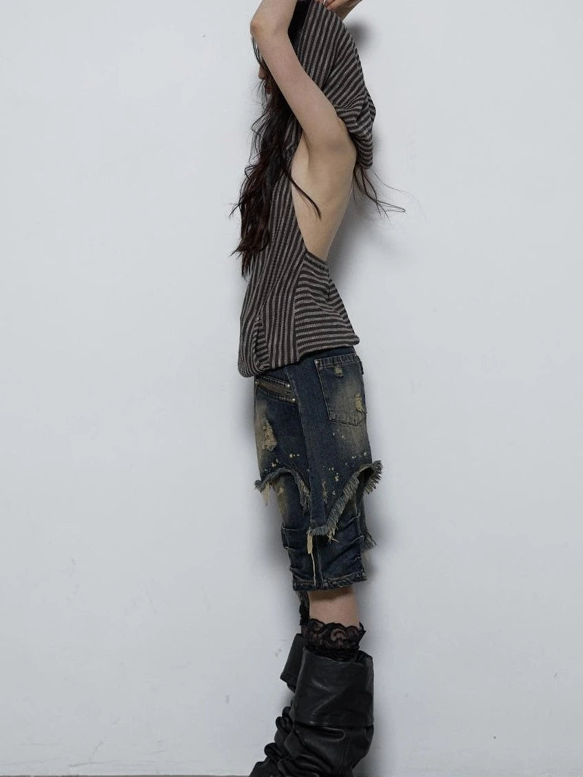 Vintage Distressed Off-Shoulder Hooded Backless Top