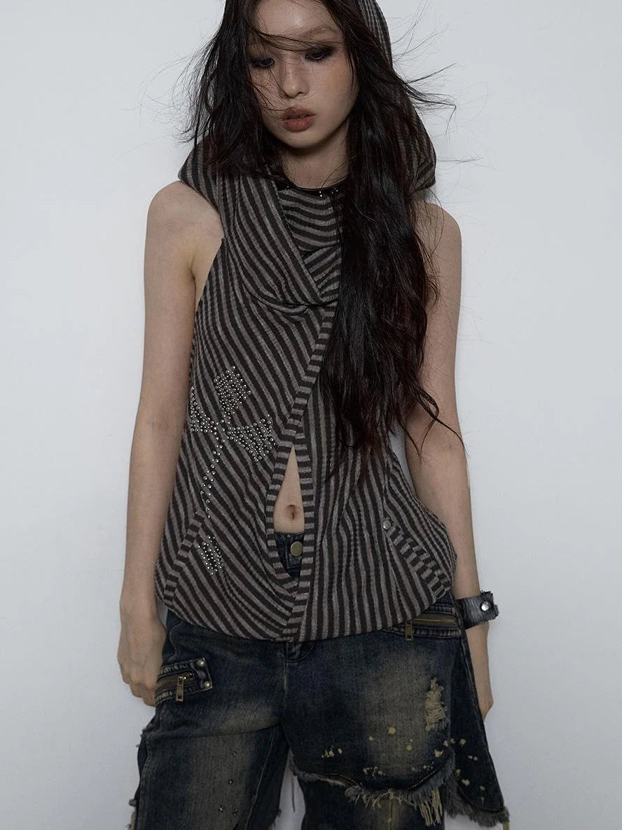 Vintage Distressed Off-Shoulder Hooded Backless Top