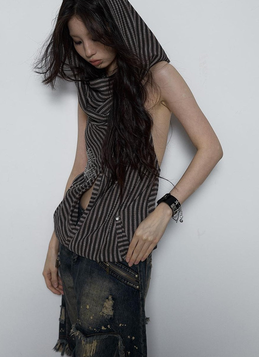 NO ROMANCE Vintage Distressed Off-Shoulder Hooded Backless Top