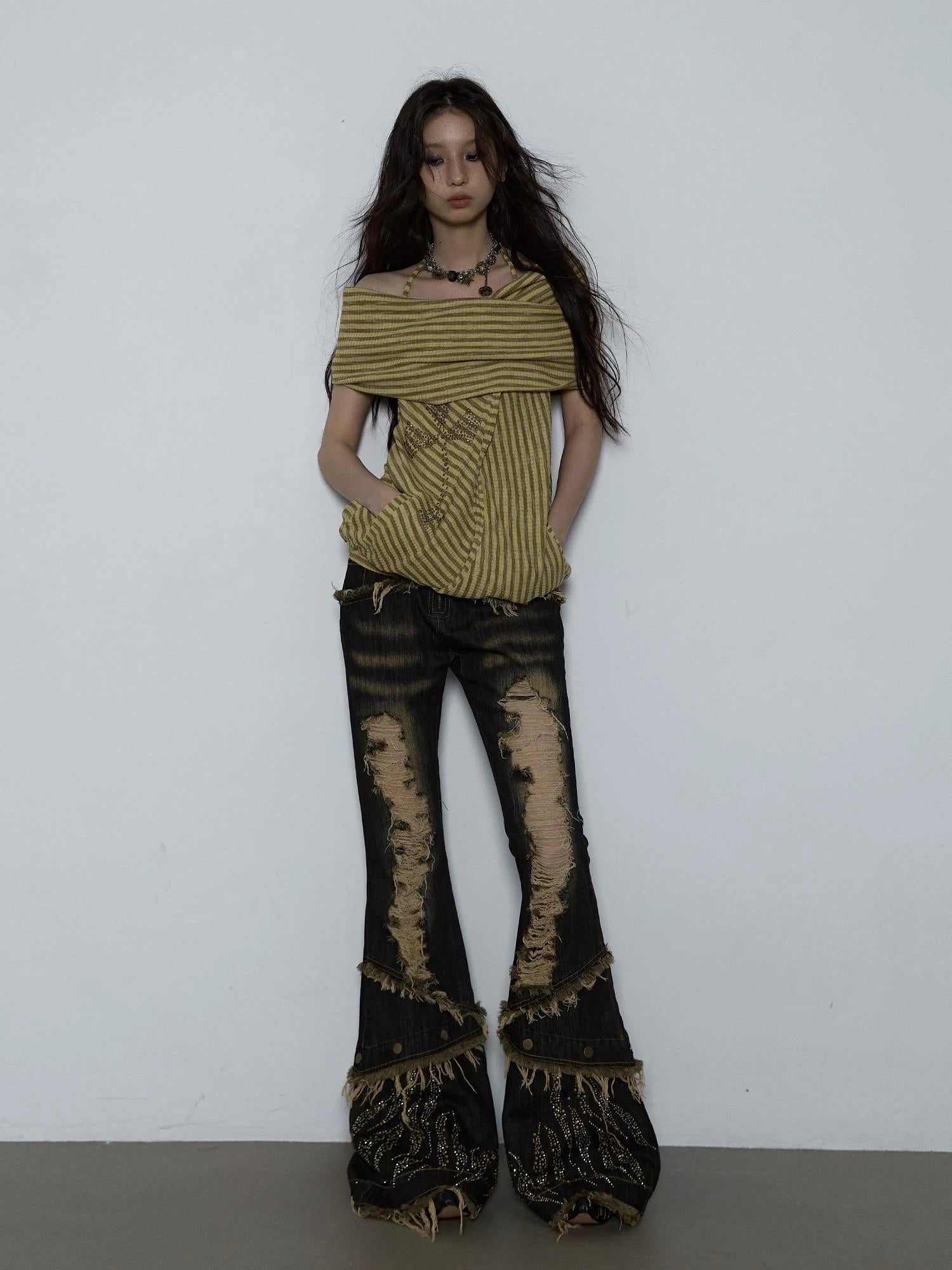 Vintage Distressed Off-Shoulder Hooded Backless Top