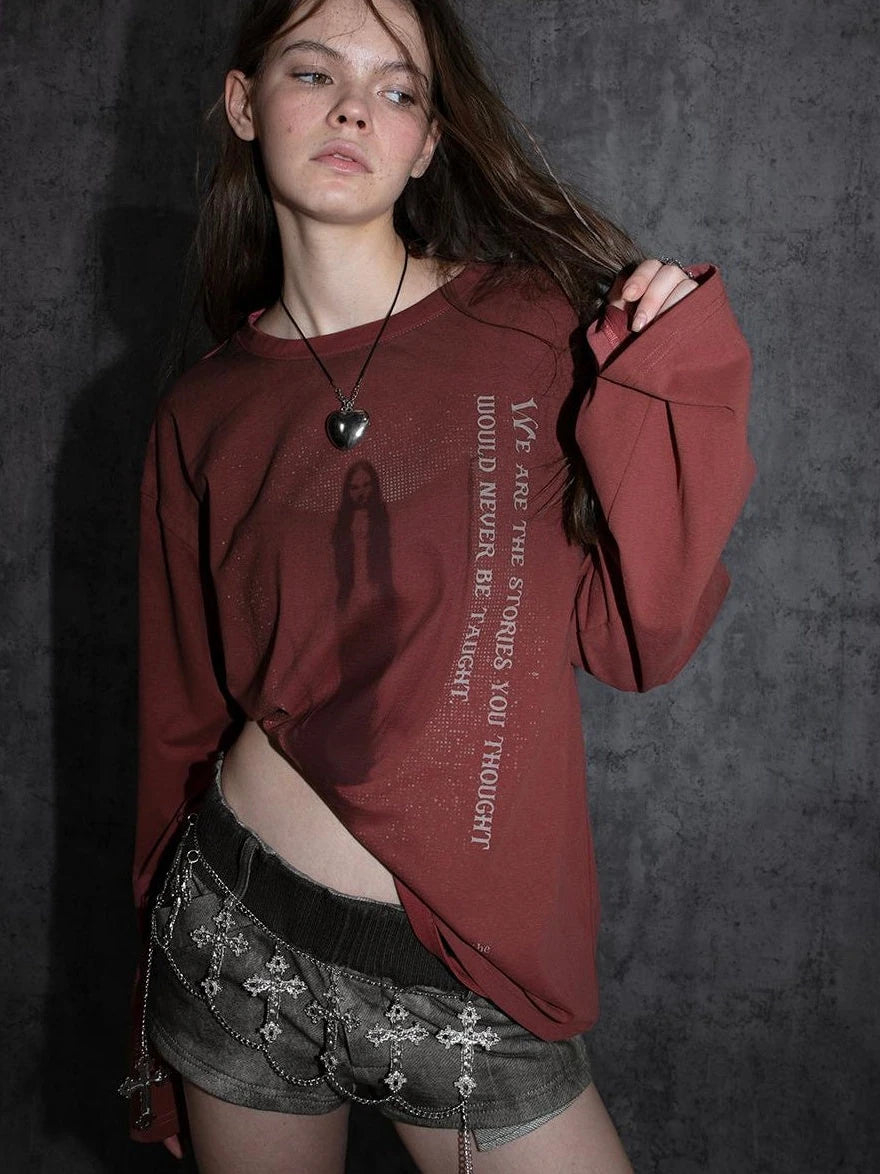 Vintage Distressed Print Basic Round Neck Long Sleeve T-Shirt